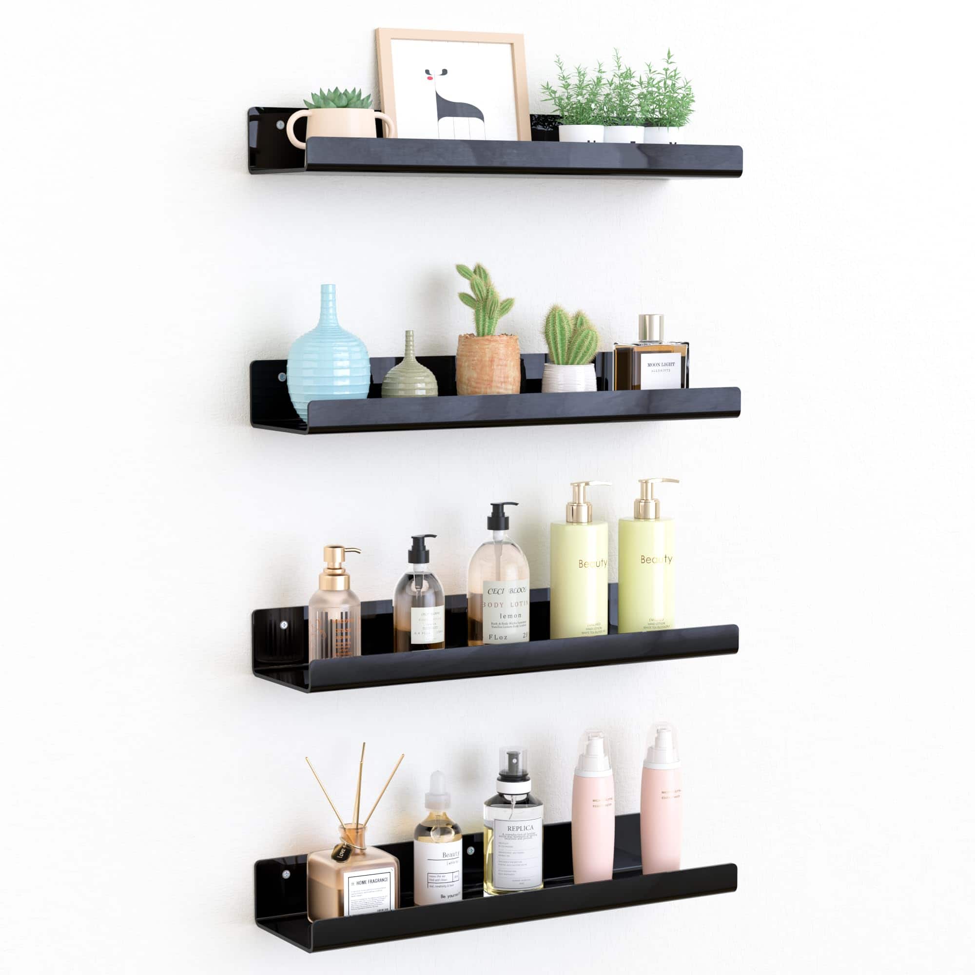 Dazzed Corner - Acrylic Shelves for Bathroom Storage, 15" Floating Shelves Wall Organizer, 4 Pack - Black