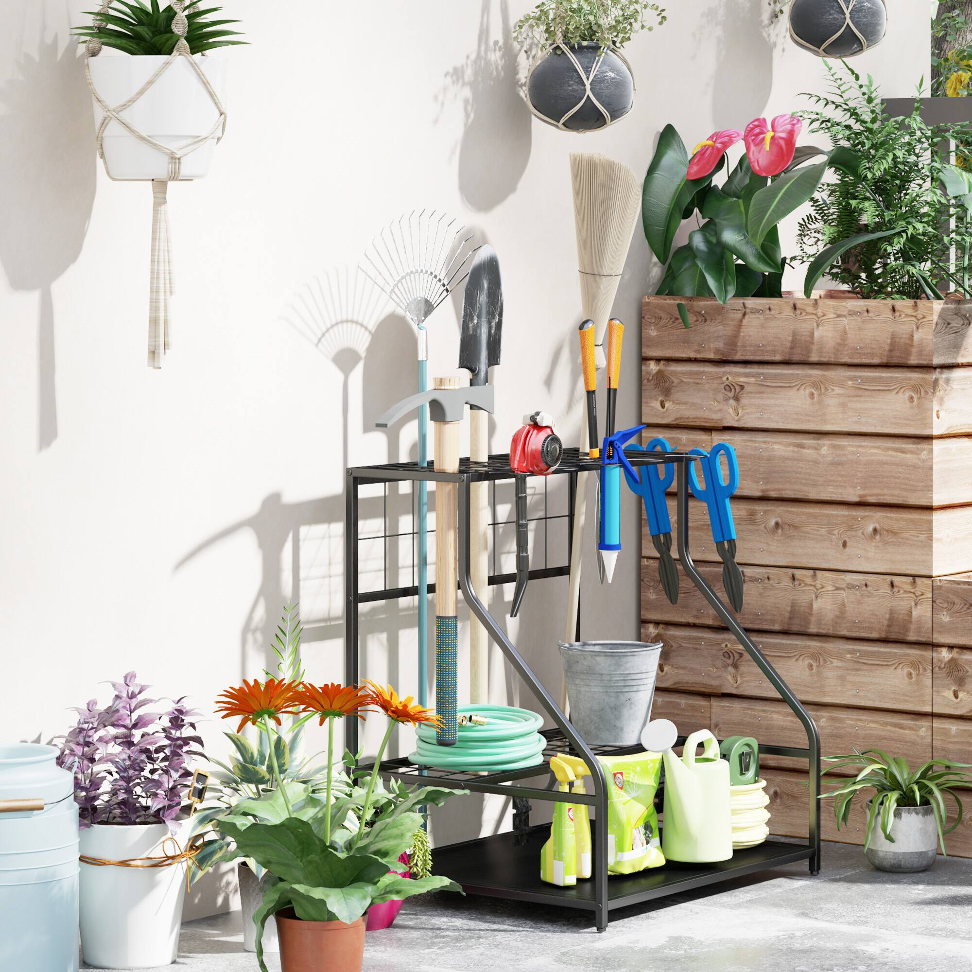 Alt View 7. Outsunny - Garden Tool Organizer for Garage, 3-Tier Yard Tool Storage Rack with Hooks for Long-Handled, Broom, Shovel, Rake - Blue.