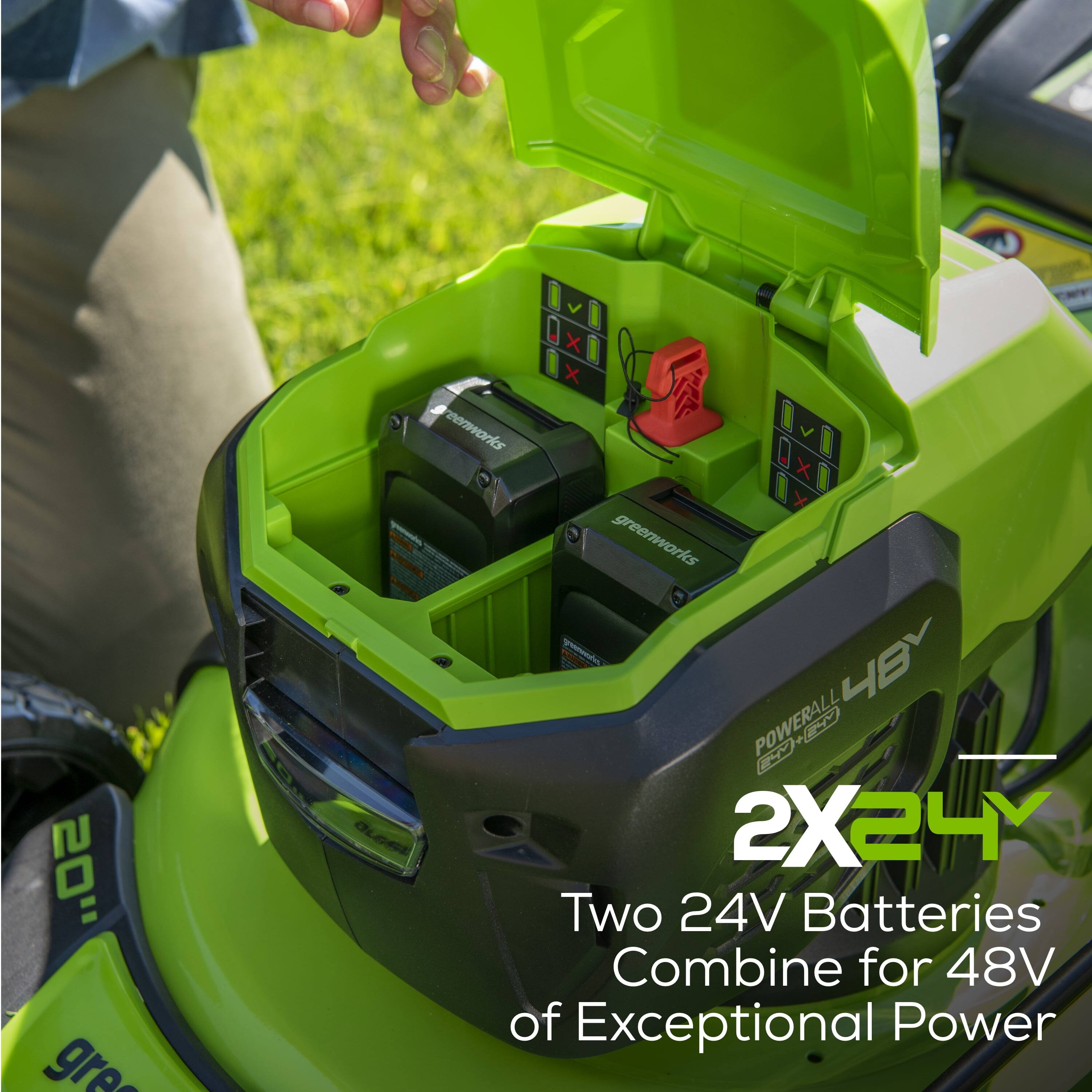 Sure, here is the corrected and grouped text:

---

**Greenworks**

**POWERALL 48V**

**2X24V**

**Two 24V Batteries Combine for 48V of Exceptional Power**

---
