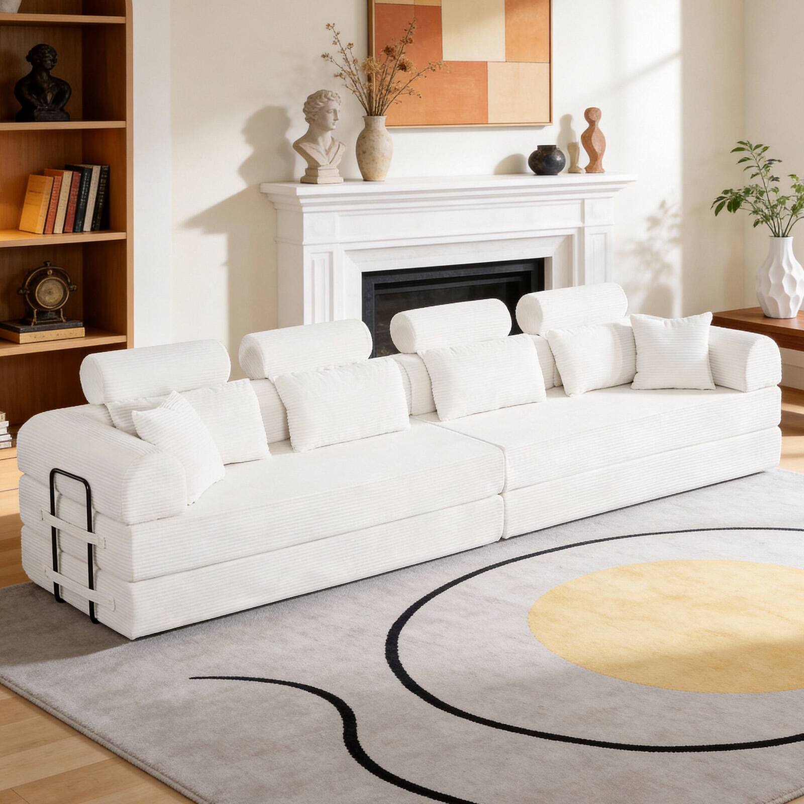 Back. Anysun - L-Shape Corduroy Modular Sectional Sofa - Minimalist Compressed Design, Unfolds into Bed, Space-Efficient - Beige.