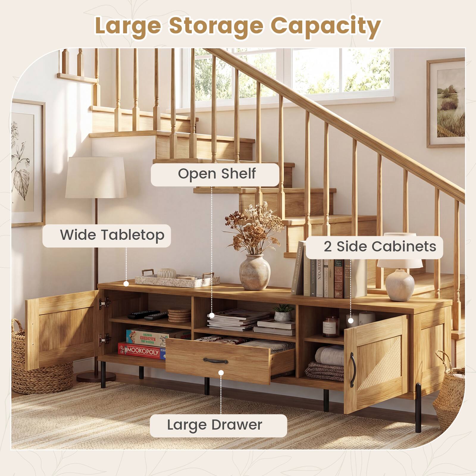 Large Storage Capacity  
Open Shelf  
Wide Tabletop  
2 Side Cabinets  
Large Drawer