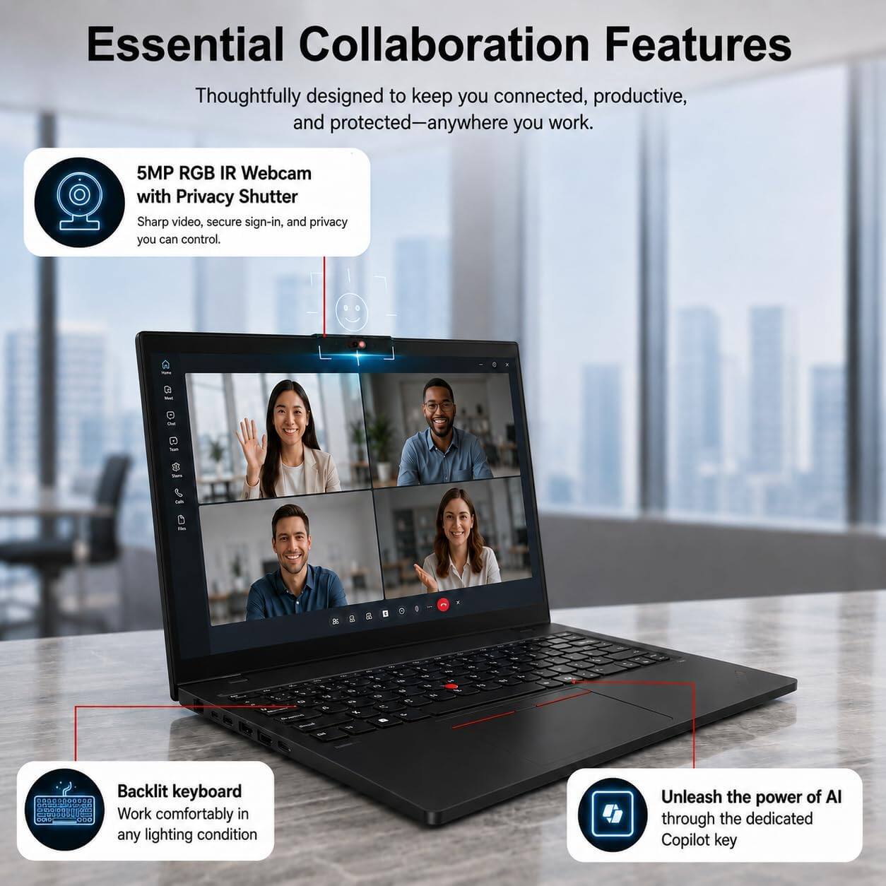 Essential Collaboration Features  
Thoughtfully designed to keep you connected, productive, and protected—anywhere you work.  

5MP RGB IR Webcam with Privacy Shutter  
Sharp video, secure sign-in, and privacy you can control.  

Backlit keyboard  
Work comfortably in any lighting condition  

Unleash the power of AI through the dedicated Copilot key