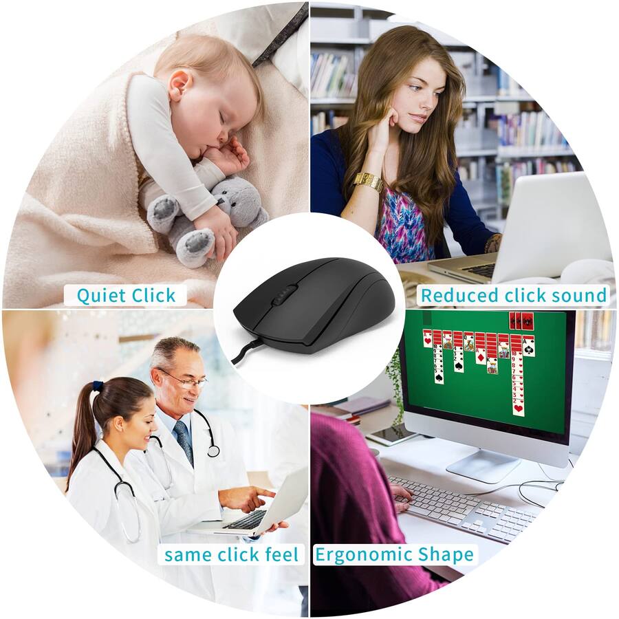 Cozy Serene Mouse Silent Black Wired 1000 Dpi 5ft Cord Quiet Button ...