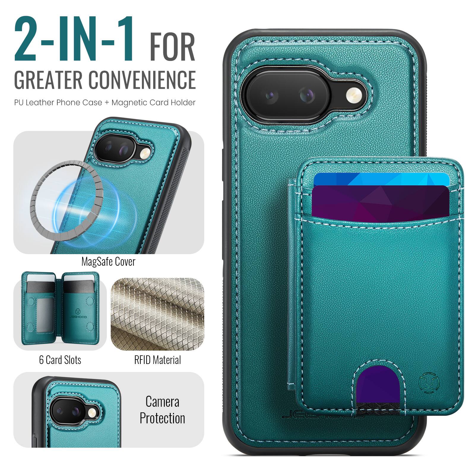 2-IN-1 FOR GREATER CONVENIENCE  
PU Leather Phone Case + Magnetic Card Holder  

MagSafe Cover  
6 Card Slots  
RFID Material  
Camera Protection
