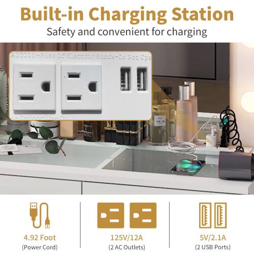 Built-in Charging Station  
Safety and convenient for charging  

**Caution: Risk of Electric Shock - Do Not Open**  

- 4.92 Foot (Power Cord)  
- 125V/12A (2 AC Outlets)  
- 5V/2.1A (2 USB Ports)
