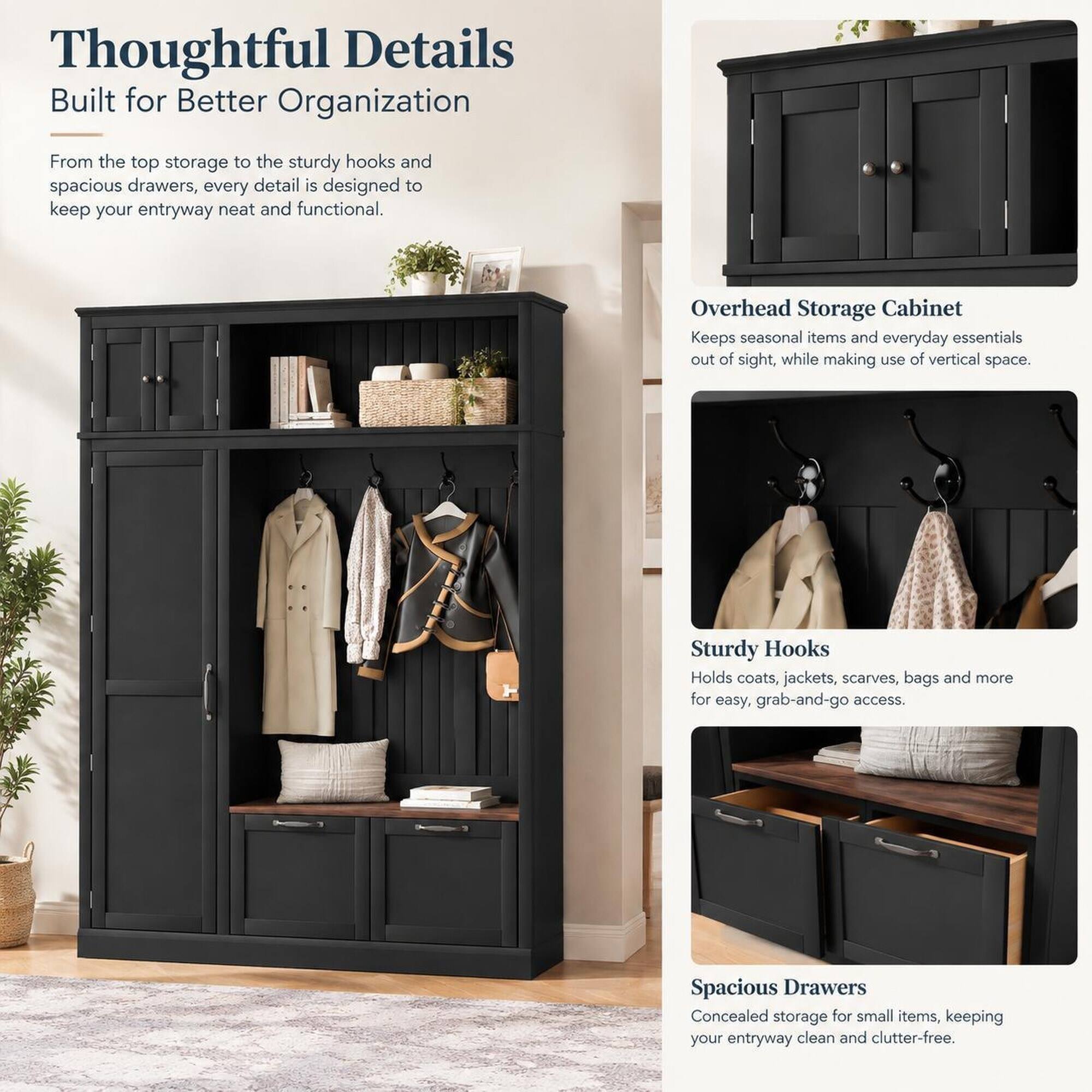 RYHNUYNE 3 in 1 Hall Tree, Overhead Storage Cabinet, 3 Adjustable ...