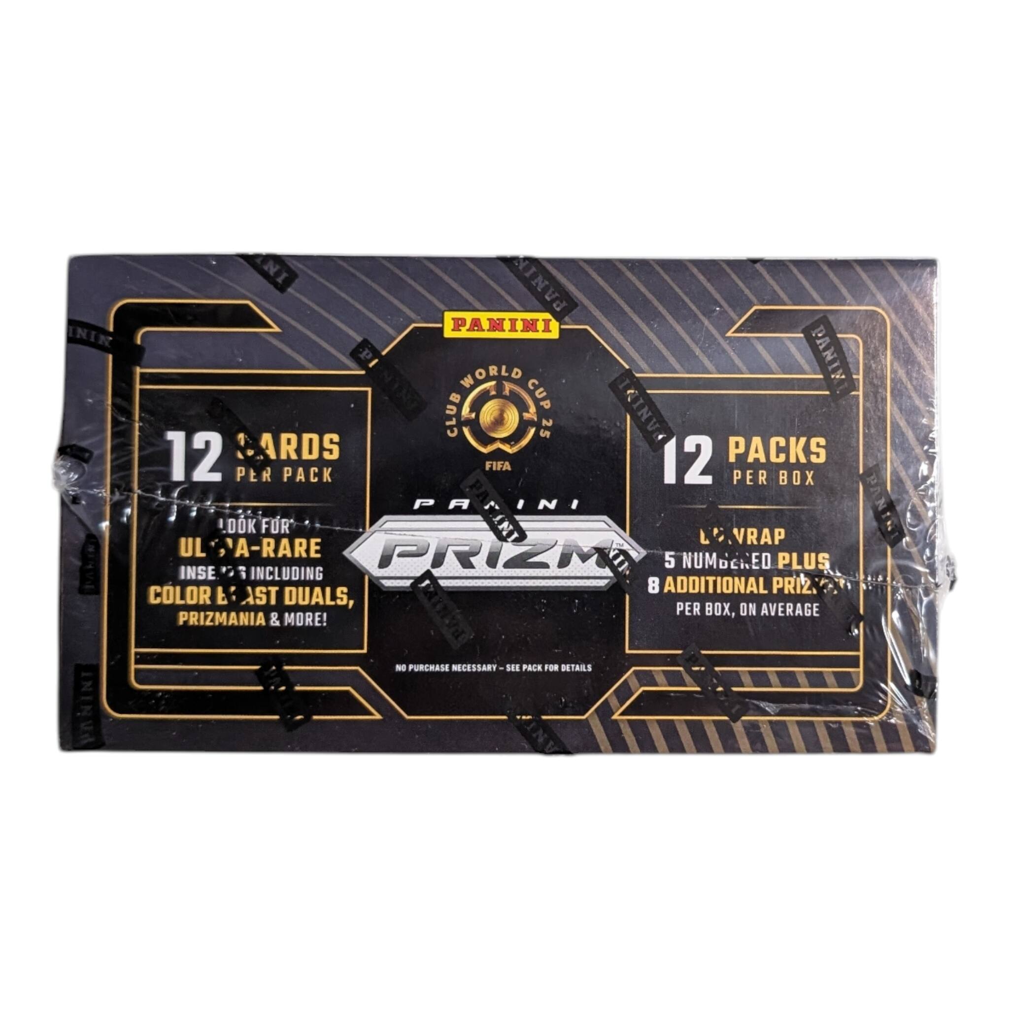 DMNTD PANINI WORLD CUP PANINI CLUB 25  
12 CARDS PER PACK  
12 PACKS PER BOX  
LOOK FOR ULTRA-RARE COLOR & AST DUALS, PRIZMANIA & MORE!  
5 NUMBERED PLUS 8 ADDITIONAL PRIZES PER BOX, ON AVERAGE  
NO PURCHASE NECESSARY - SEE PACK FOR DETAILS