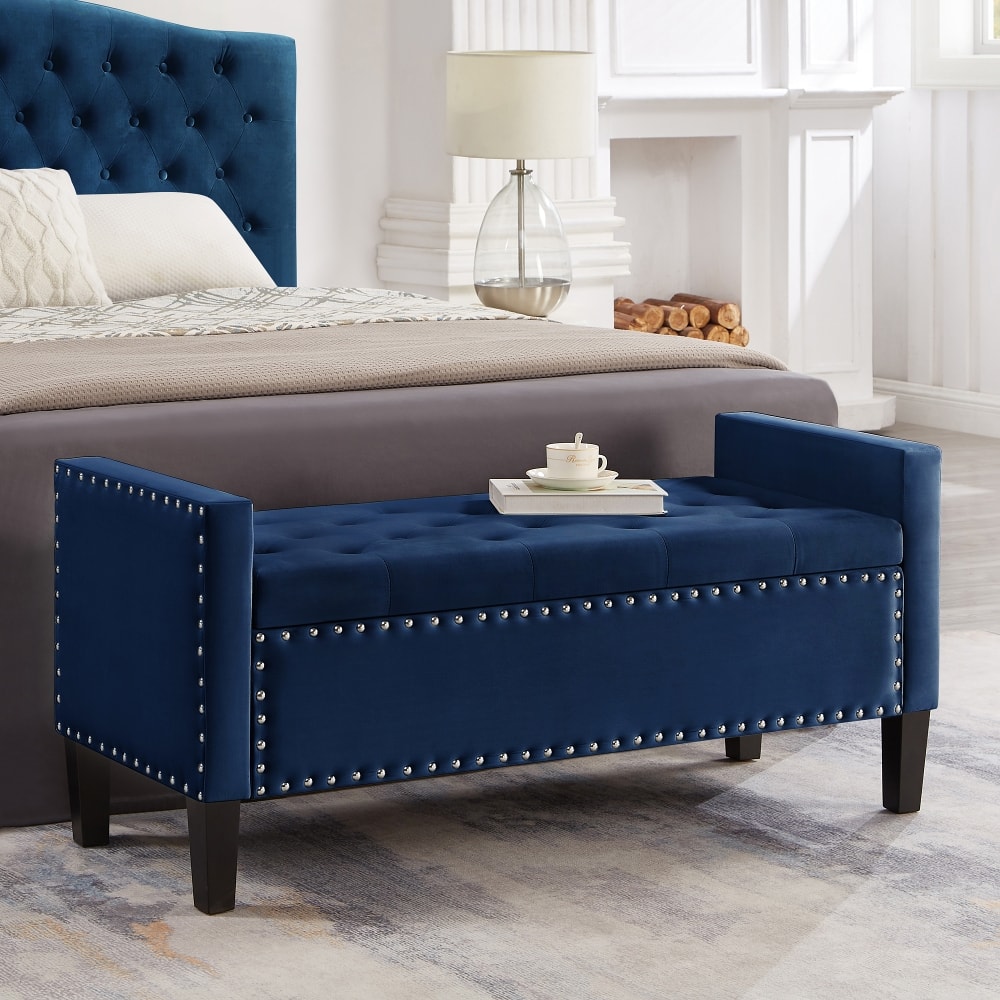 Ropilly - Upholstered Tufted Storage Bench with Armrests, Velvet Entryway Bed Bench with Nailhead Trim, 48 Inch - Navy