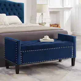 Ropilly - Upholstered Tufted Storage Bench with Armrests, Velvet Entryway Bed Bench with Nailhead Trim, 48 Inch - Navy