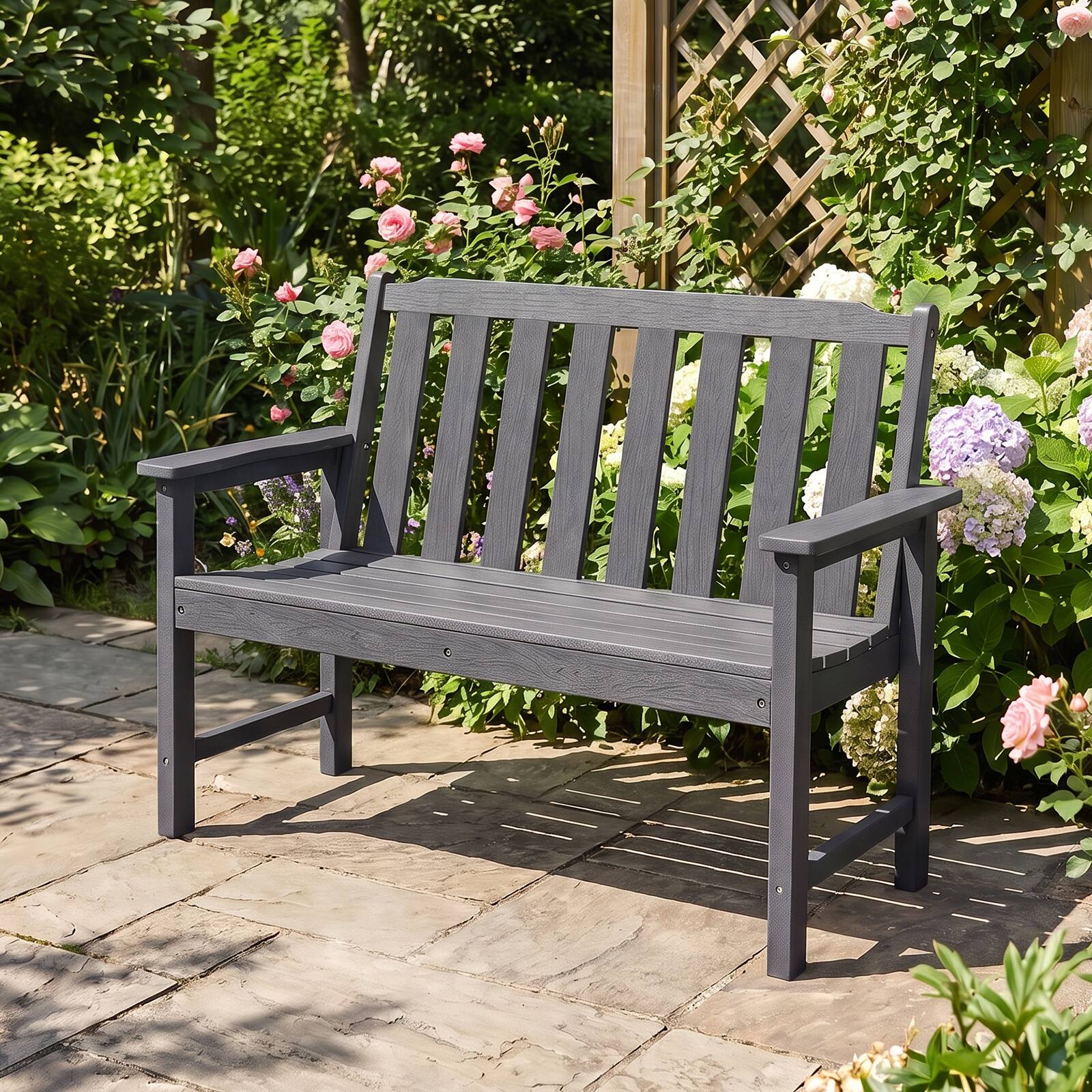 Alt View 1. Gymax - Gymax 2-Person All Weather HDPE Outdoor Garden Bench w/Backrest & Armrests for Lawn Gray - Gray.