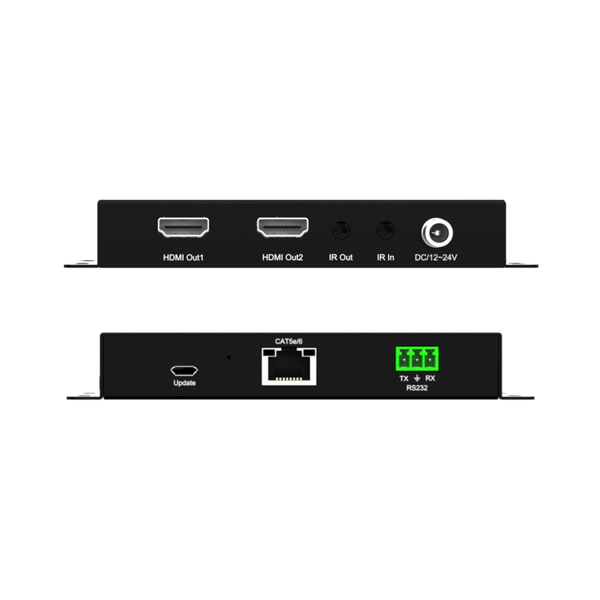 HDMI Out1, HDMI Out2, IR Out, IR In, DC/12-24V, Update, CAT5e/ TX RX RS232