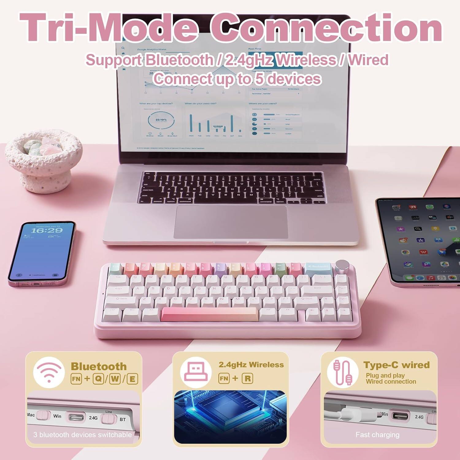 Tri-Mode Connection - Support Bluetooth / 2.4GHz Wireless / Wired. Connect up to 5 devices.

Bluetooth FN + Q/W/E
2.4GHz Wireless FN + R
Type-C wired Plug and play Wired Connection
Fast charging

3 Bluetooth devices switchable