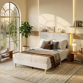 Bestier - Full Size Upholstered Platform Bed with LED Lighting and Adjustable Storage Headboard for Bedroom - Light Gray