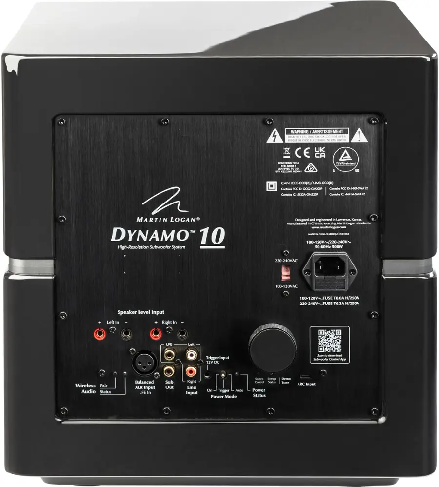 WARNING: IMPORTANT INFORMATION

This product is designed and engineered by MartinLogan, a renowned manufacturer of high-resolution audio systems. The Dynamo 10 is a high-resolution subwoofer system, featuring a 100-120V AC or 220-240V AC input with a 10-600V AC or 100-120V AC speaker level input. The left and right inputs are available for balanced audio, and the subwoofer system has a wireless audio status feature. The product also has a built-in trigger input and a 13V DC power supply.

Please ensure that you read and follow the instructions in the user manual to ensure safe and proper use of the product. If you have any questions or concerns, please consult the manufacturer or a qualified technician.