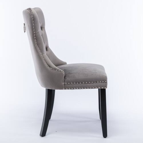 Back. LUCKY ONE - Assembled Tufted Velvet Dining Chair Set of 2 with Wood Legs Nailhead Trim High Back - Gray.