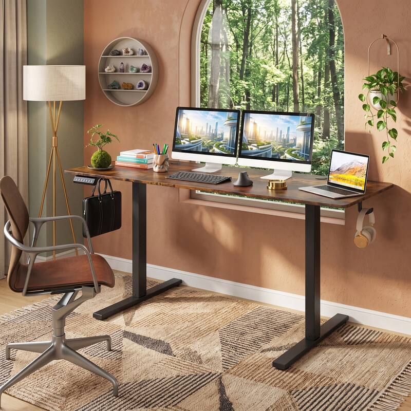 Angle. WELLFOR - 63" Electric Standing Desk with 3 Memory Heights and 2 Hanging Hooks, Adjustable Height Sit Stand Home Office Desk - Rustic Brown.
