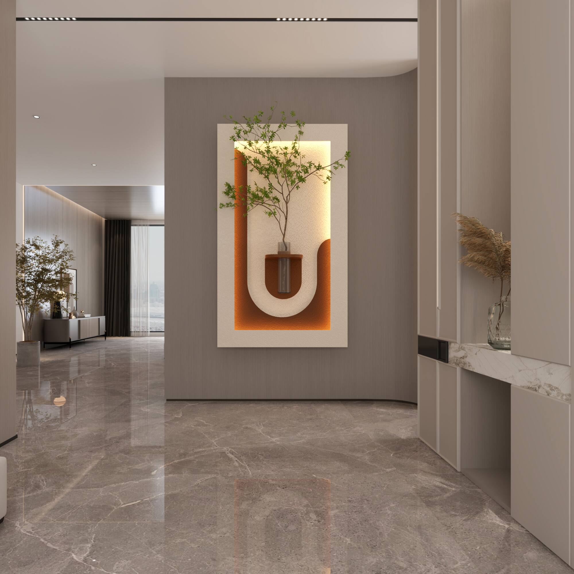 Front. GOODSILO - Adjustable LED Sandstone Wall Decor with Simulated Plants and Rabbit Statue - Remote Control Light Strips for Home Decor - Light Coffee.