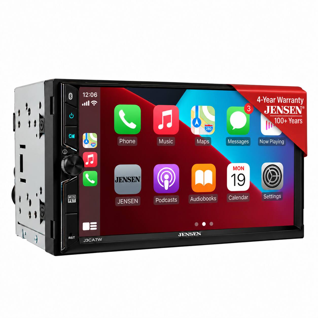 12:06  
280  
4-Year Warranty  
JENSEN 100+ Years  

Phone  
Music  
Maps  
Messages  
Now Playing  
Podcasts  
Audiobooks  
Calendar  
Settings  

MON 19  

J3CA7W  
JENSEN