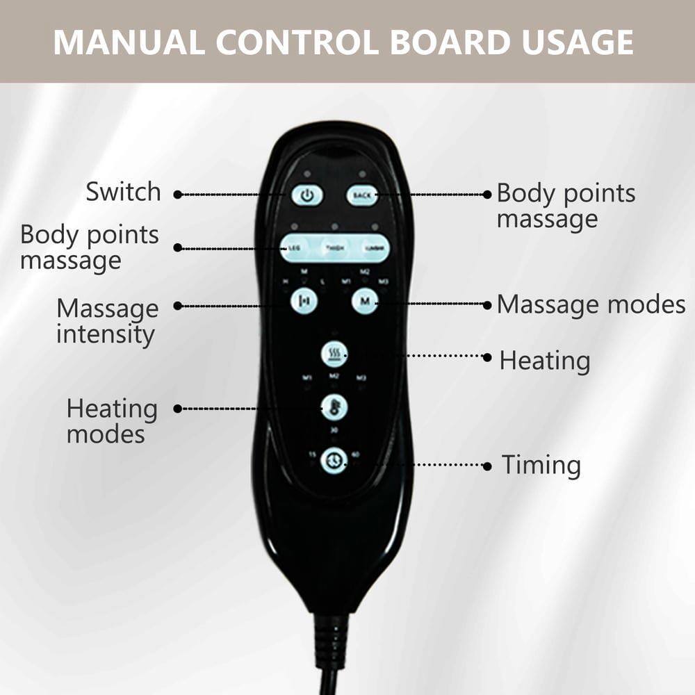 MANUAL CONTROL BOARD USAGE

- Switch
- Body points massage
- Massage intensity
- Heating modes
- Body points massage
- Massage modes
- Heating
- Timing