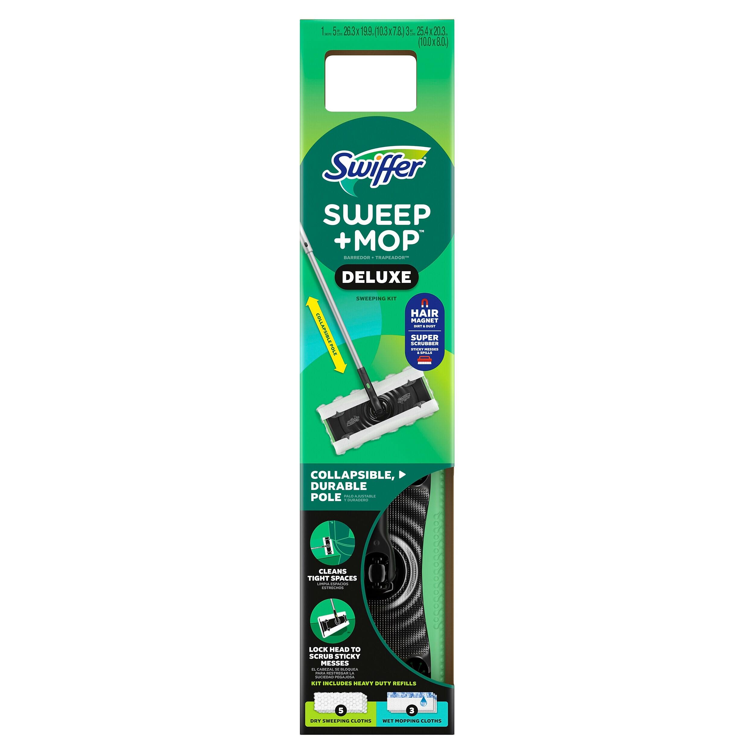 1.00 5% 263x 19,9% (103x78) 3.5mg 25.4x20.3. (100x80)

Swiffer SWEEP + MOP DELUXE

FALL LAPSIBLE ESLE

SWEEPING KIT

HAIR MAGNET ago BUST SUPER SCRUBBER STICKY MODIUM ESPORT

COLLAPSIBLE, DURABLE POLE

CLEANS TIGHT SPACES UPPLE reseries neces

LOCK HEAD TO SCRUB STICKY MESSES t. CABIZALSE BLOQUER x BARM RAMA-SPOPROTAIR CA. REF SOCIONAL GEANDOR

KIT INCLUDES HEAVY DUTY REFILLS

5 DRY SWEEPING CLOTHS

WET HOPPING CLOTHS