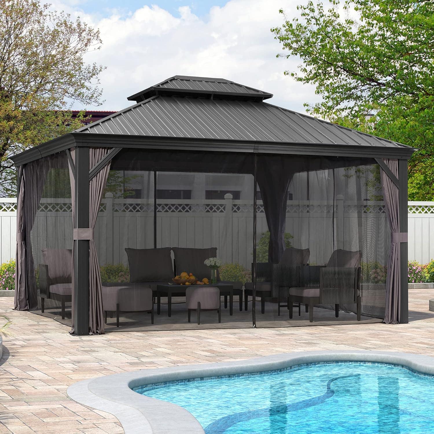 Front. PURPLE LEAF - 10 X 12 FT Permanent Hardtop Aluminum Gazebo with Double Roof for Patio Lawn and Garden, Curtains and Netting Included - 10' X 12'.