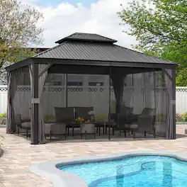 PURPLE LEAF - 10 X 12 FT Permanent Hardtop Aluminum Gazebo with Double Roof for Patio Lawn and Garden, Curtains and Netting Included - 10' X 12'