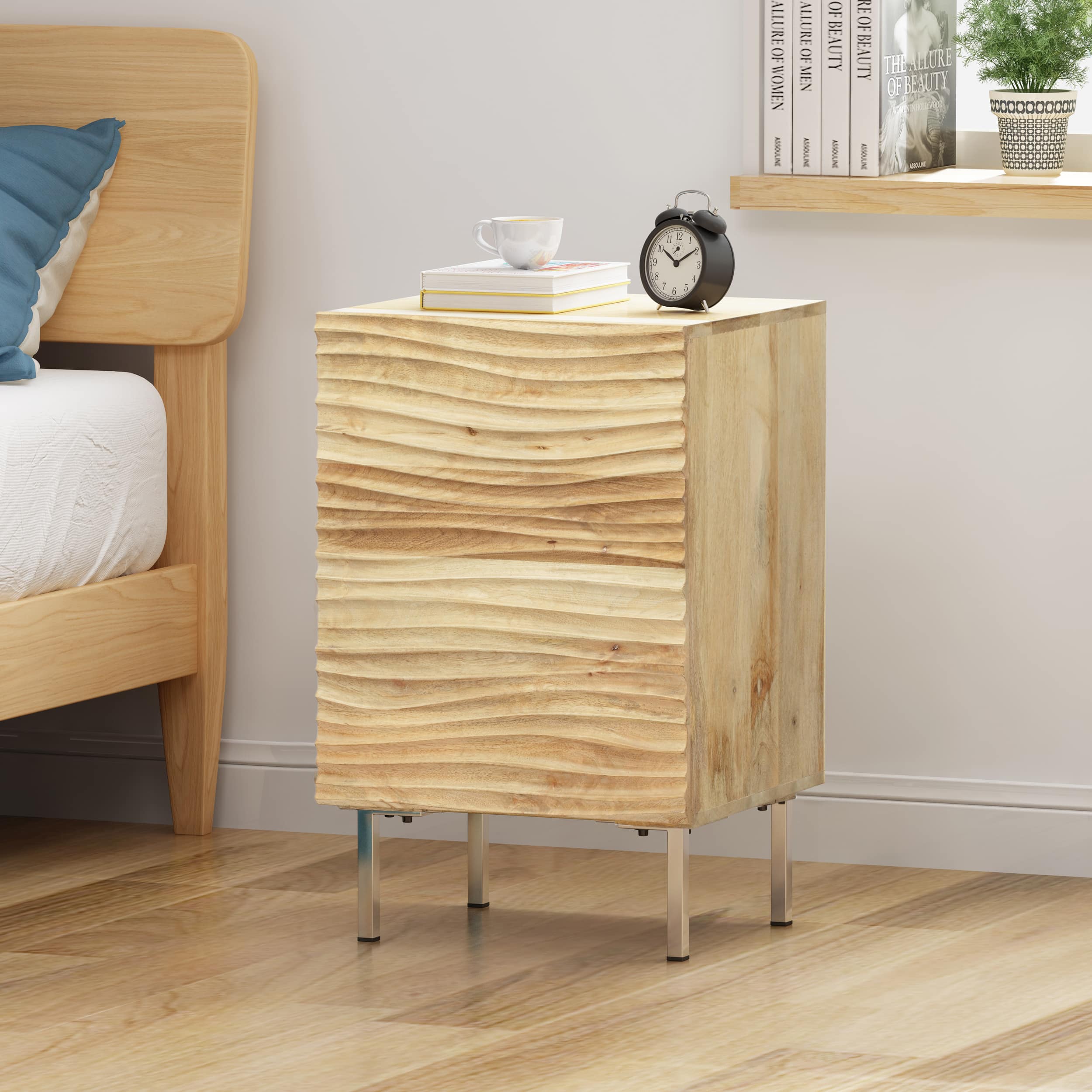 Whisen - Modern Mango Wood Nightstand, Handcrafted Bedside Table with Wave-Design Door and Iron Legs - Natural