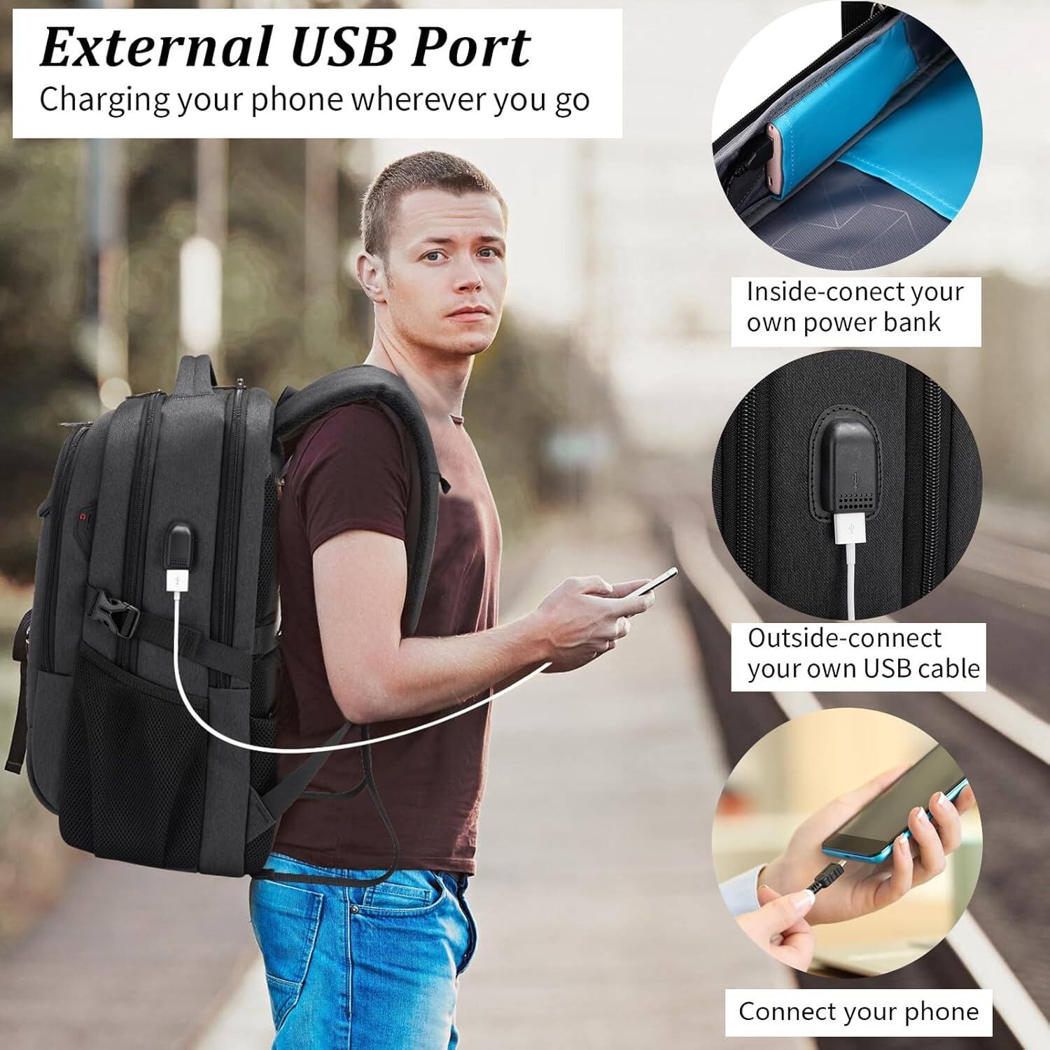 External USB Port  
Charging your phone wherever you go  

Inside-connect your own power bank  

Outside-connect your own USB cable  

Connect your phone