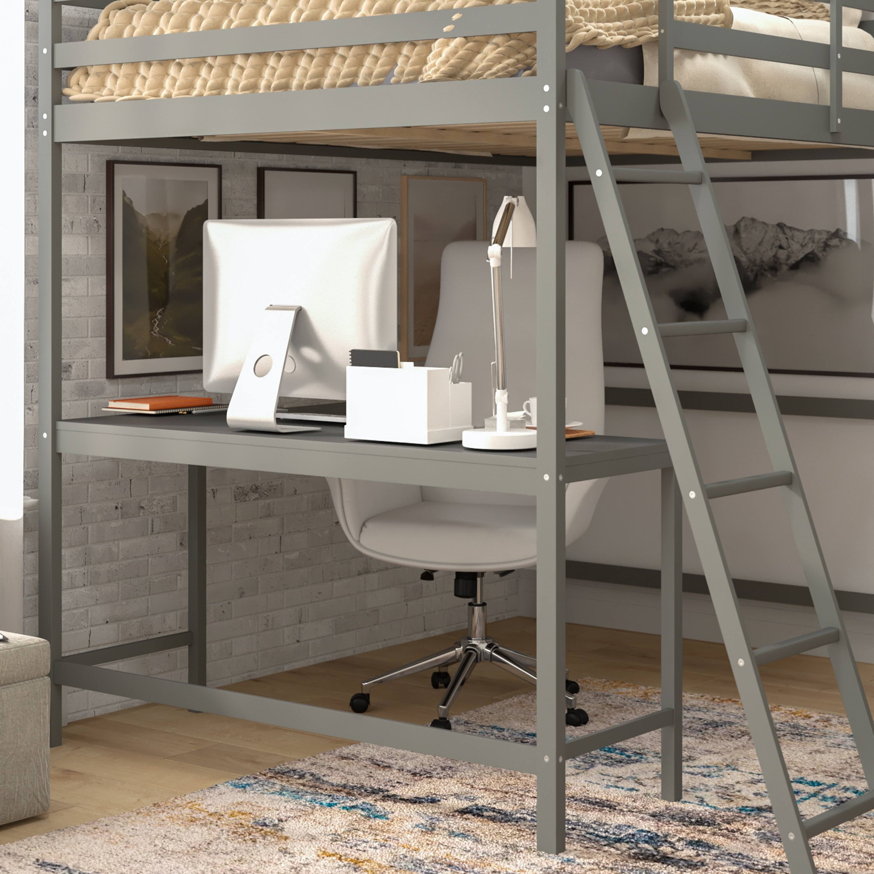 Alt View 3. Flash Furniture - Riley Loft Bed Frame with Desk, Full Size Wooden Bed Frame with Protective Guard Rails & Ladder for Kids and Teens - Lig - Gray.