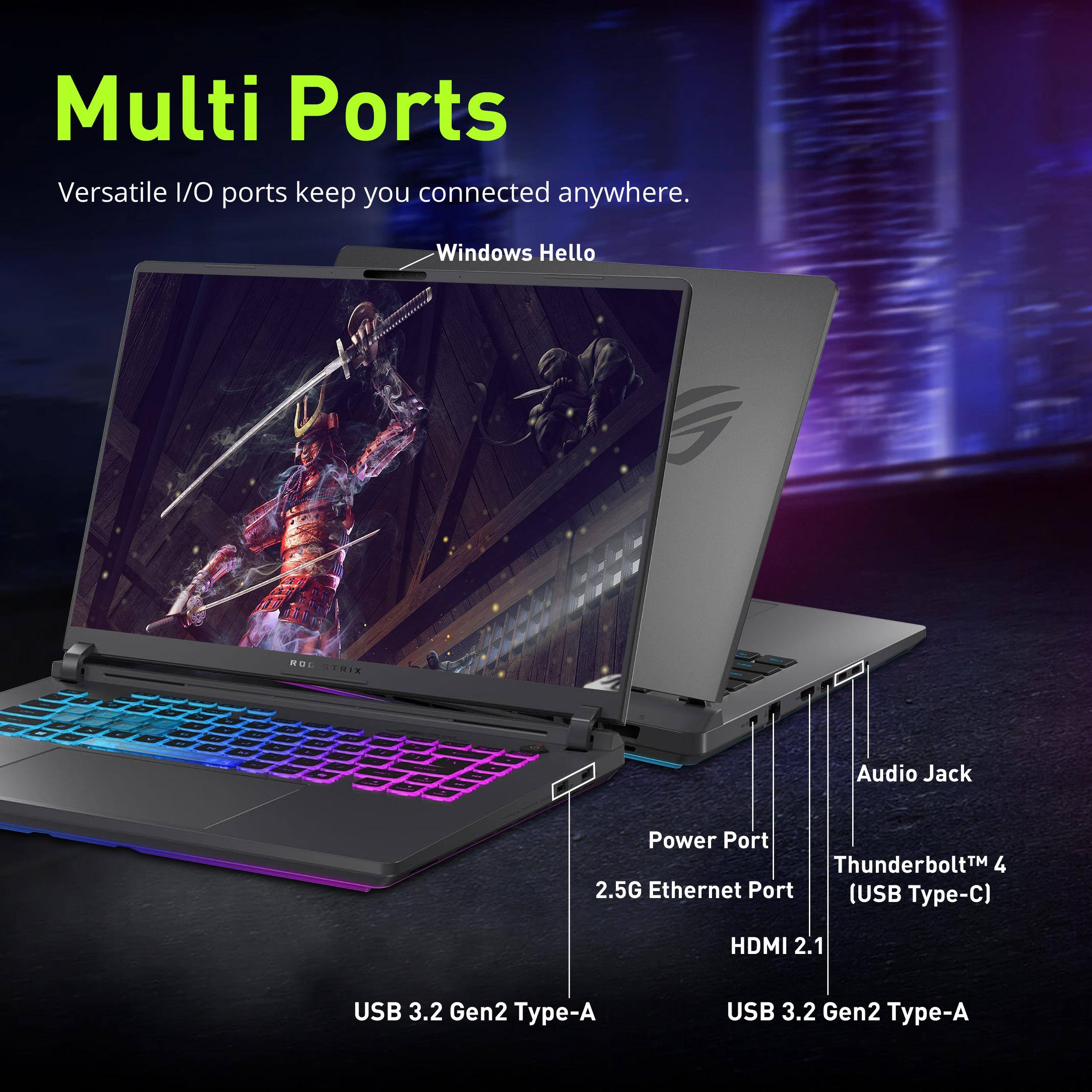 Multi Ports  
Versatile I/O ports keep you connected anywhere.  

Windows Hello  

- Power Port  
- 2.5G Ethernet Port  
- Thunderbolt™ 4 (USB Type-C)  
- HDMI 2.1  
- USB 3.2 Gen2 Type-A  
- USB 3.2 Gen2 Type-A  
- Audio Jack