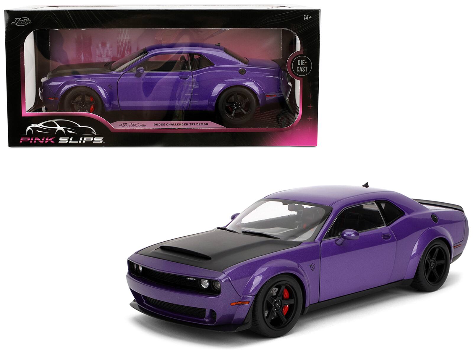 Dodge Challenger SRT Demon with Matt Black Hood "Pink Slips" Series 1/18 Diecast Model Car by Jada - Purple Metallic