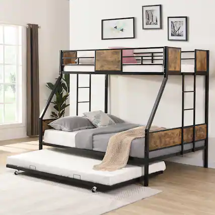 Front. Trinkets Crazed - Twin Over Full Metal Bunk Bed with Trundle, 2 Ladders and Full-Length Guardrail, No Box Spring Needed - Black.