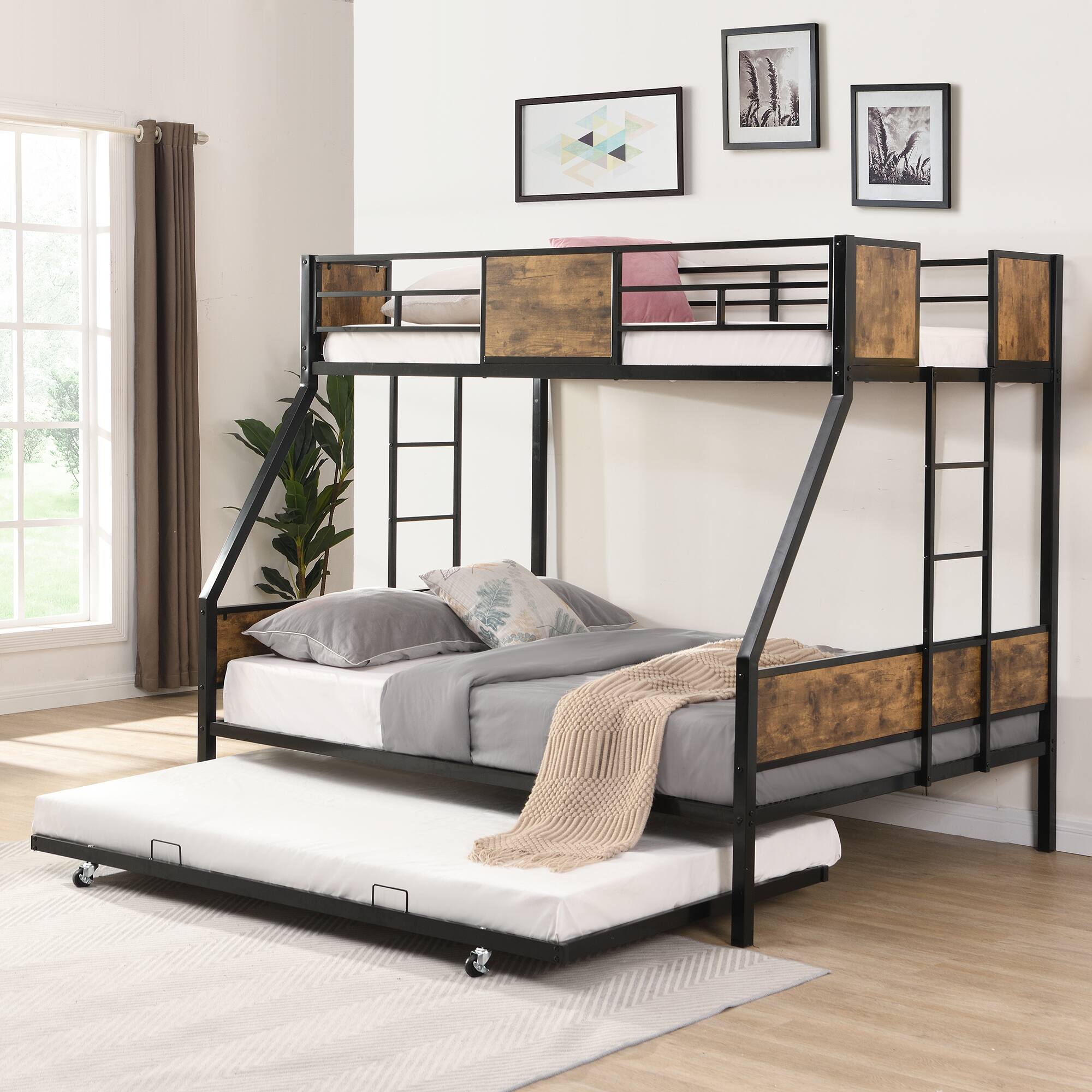 Front. Trinkets Crazed - Twin Over Full Metal Bunk Bed with Trundle, 2 Ladders and Full-Length Guardrail, No Box Spring Needed - Black.