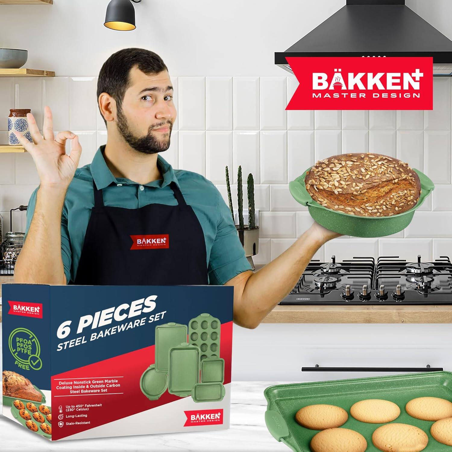 BKKEN MASTER DESIGN BAKKEN ... BAKKEN d.E. .... PIECES SET PFOA 6 BAKEWARE PFOS PTFE STEEL FREE Deluxe Nonstick Green Marble Carbon Coating Steel Bakeware Set UP " 4g Tabrenter 130 Calloiuto 5 Long-Lasting Stain-Resistant BAKKEN .......