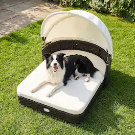 Costway - Wicker Dog House Outdoor with Adjustable Canopy 2 Detachable Soft Cushions for Yard - Mixed Brown+Off-white