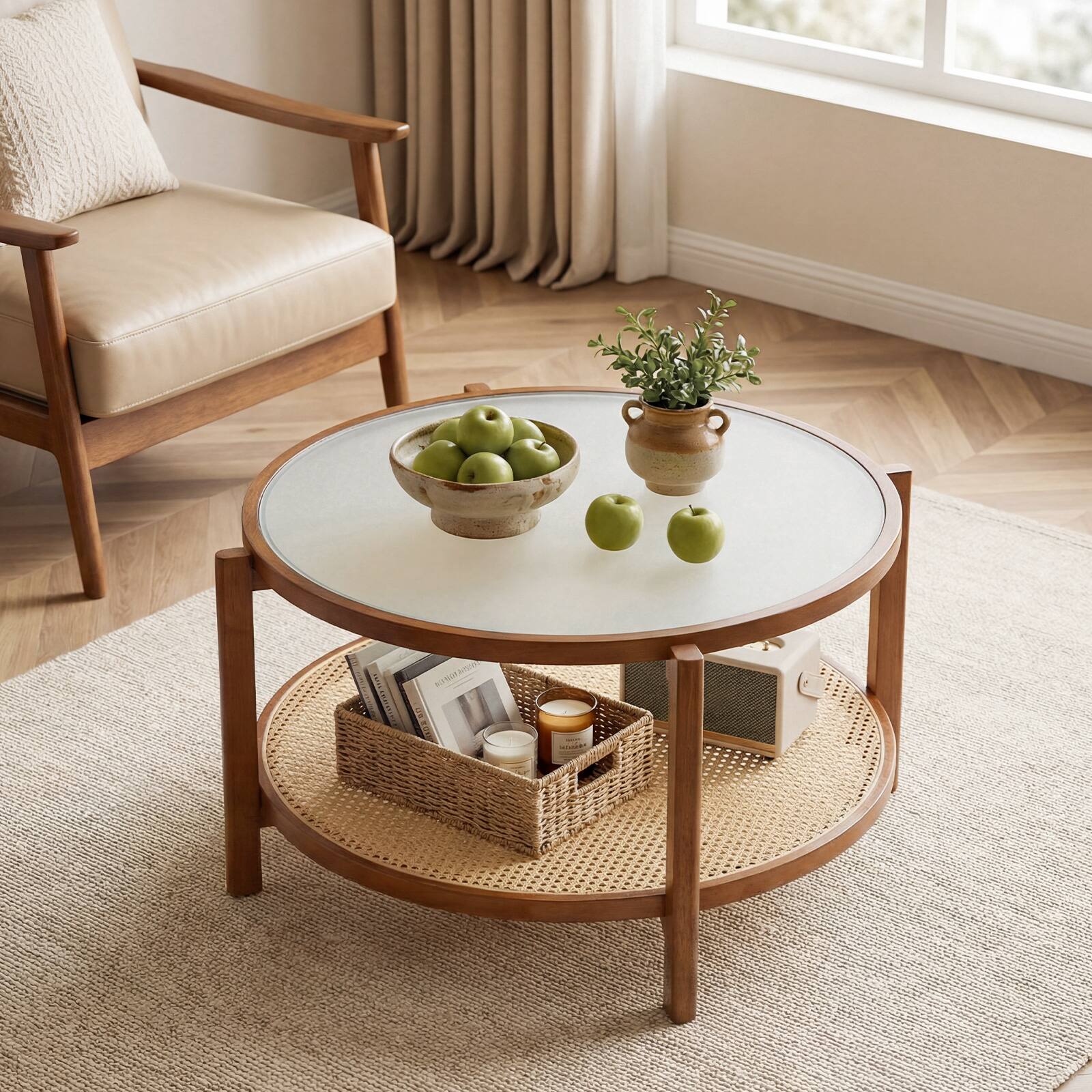 Alt View 5. Gymax - Gymax Rattan Coffee Table 2-Tier Wooden Center Table w/ Frosted Tempered Glass Top - Brown.