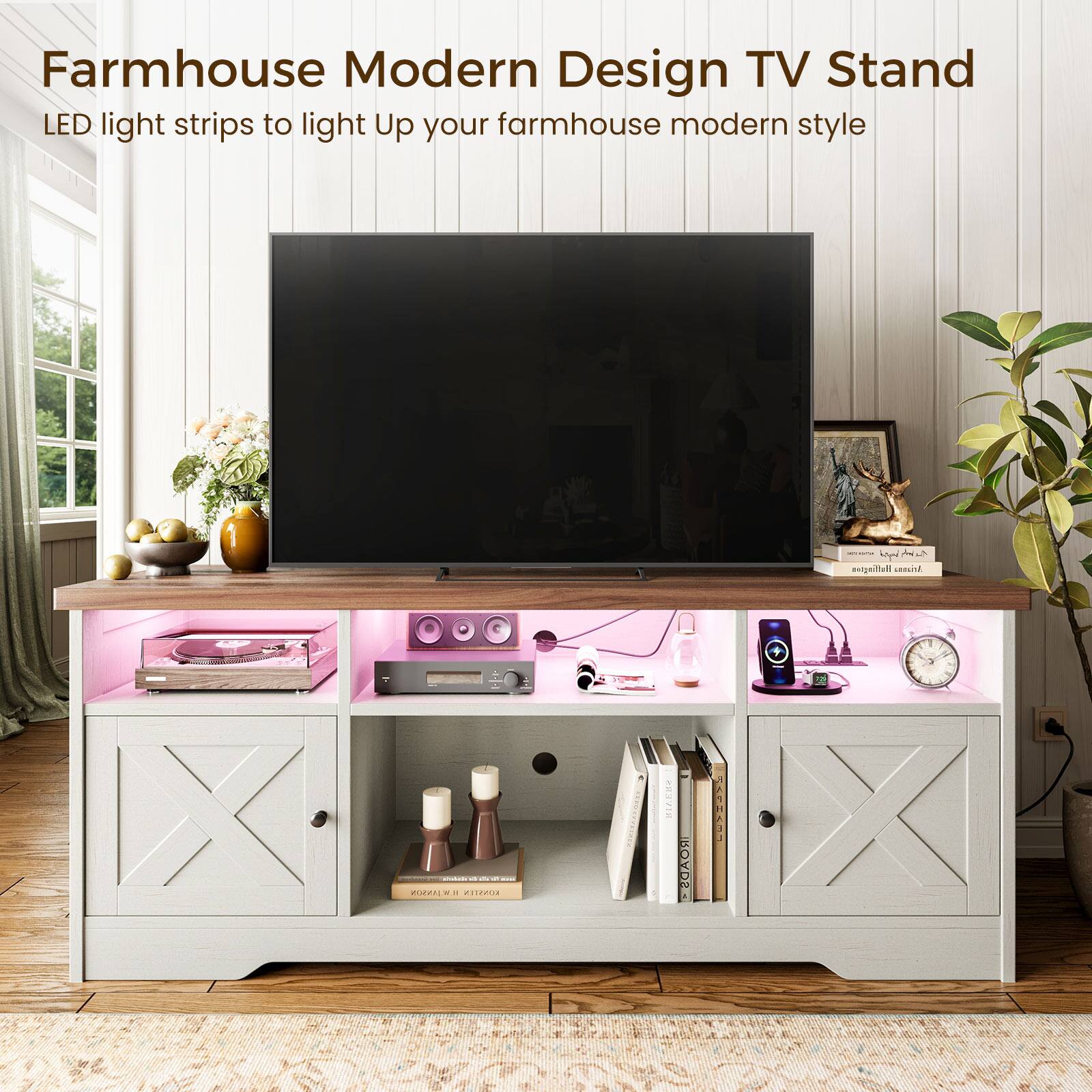 Farmhouse Modern Design TV Stand  
LED light strips to light Up your farmhouse modern style