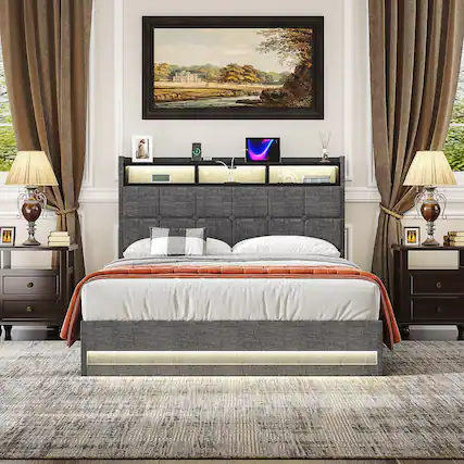 Front. Vecelo - Full Size Hydraulic Lift Up Bed Frame with Storage, Headboard Charging Station & LED Lights, Upholstered Platform Bed - Grey.