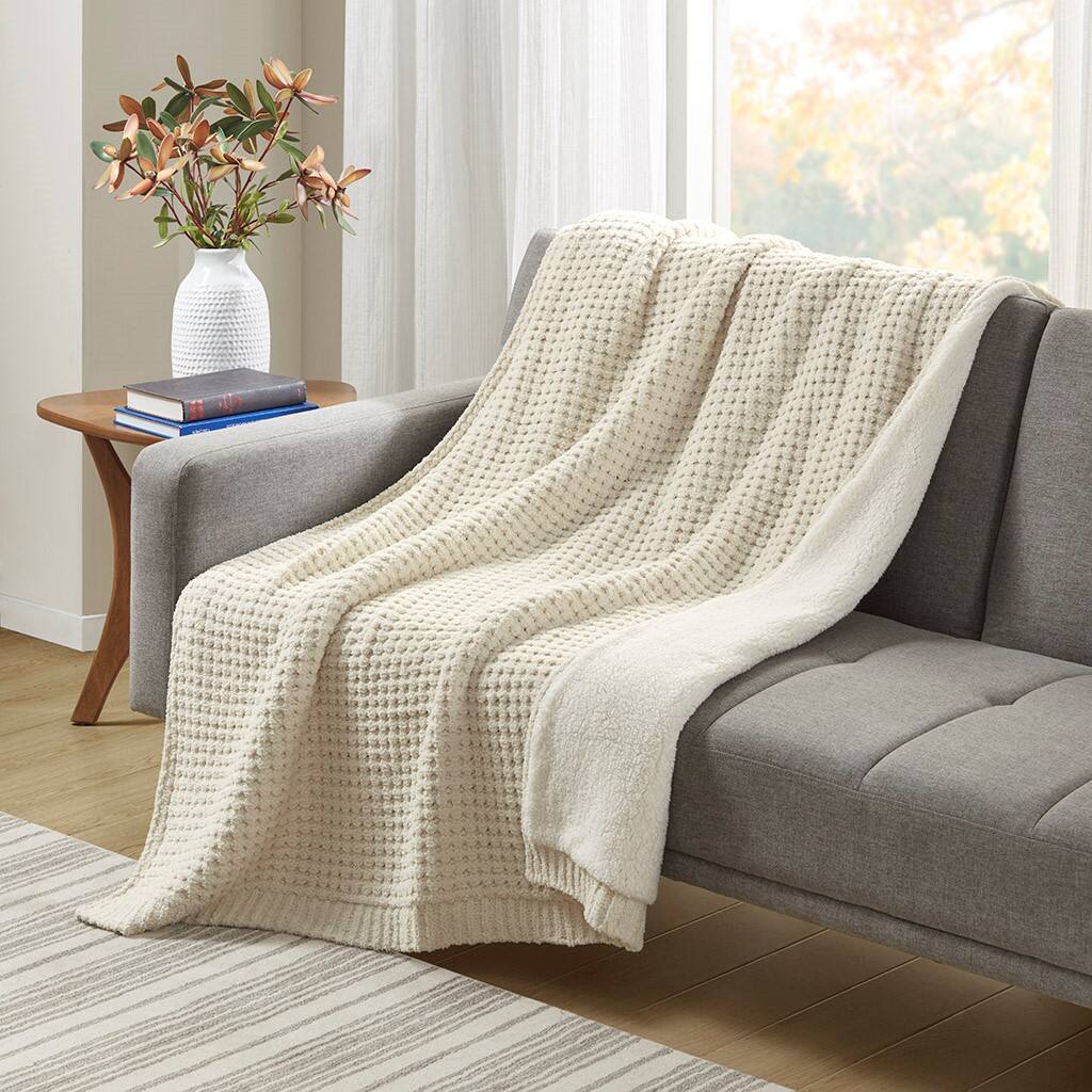 Alt View 1. Gracie Mills - Gracie Mills Dorian Waffle Weave Solid Chenille Throw - Ivory.