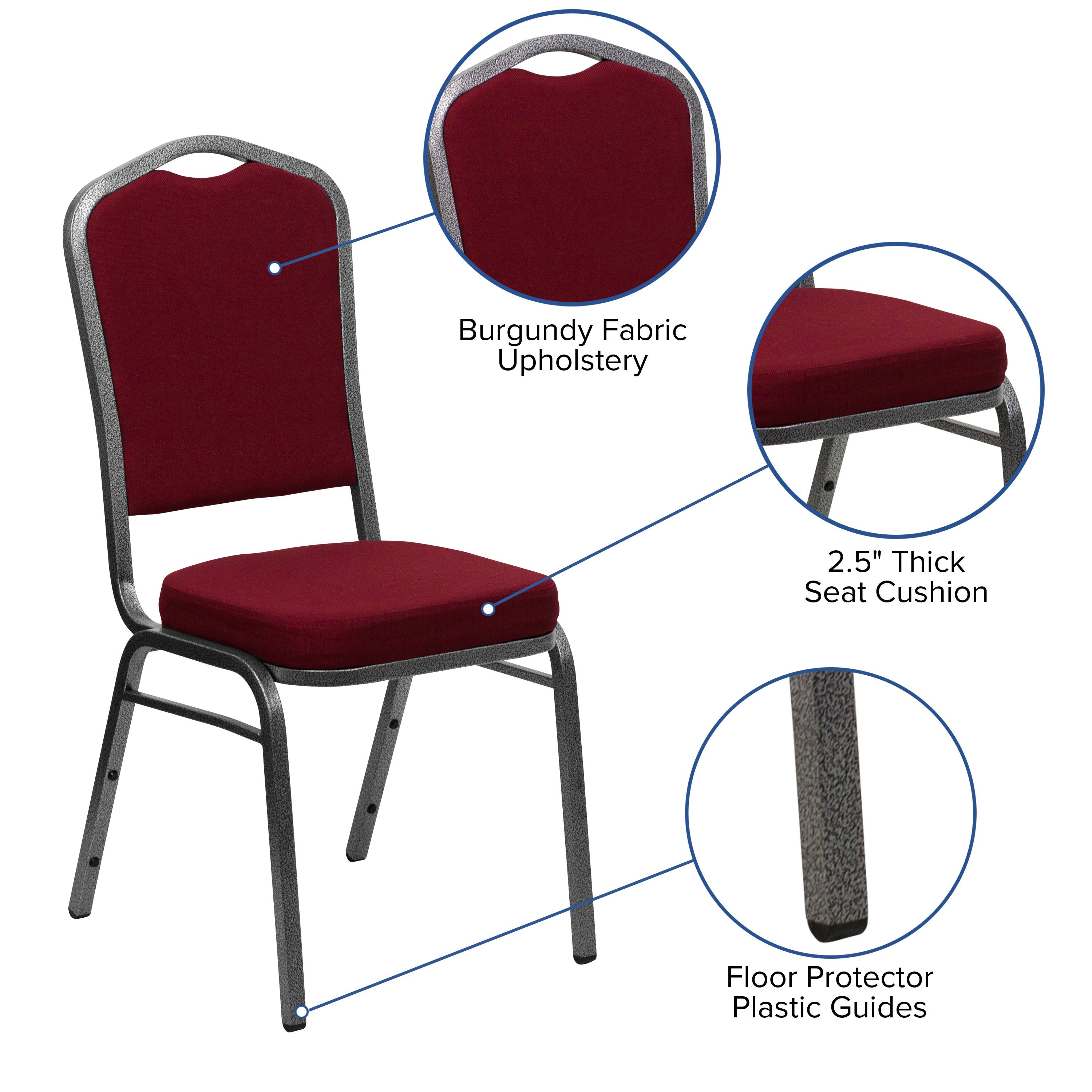 Burgundy Fabric Upholstery  
2.5" Thick Seat Cushion  
Floor Protector Plastic Guides