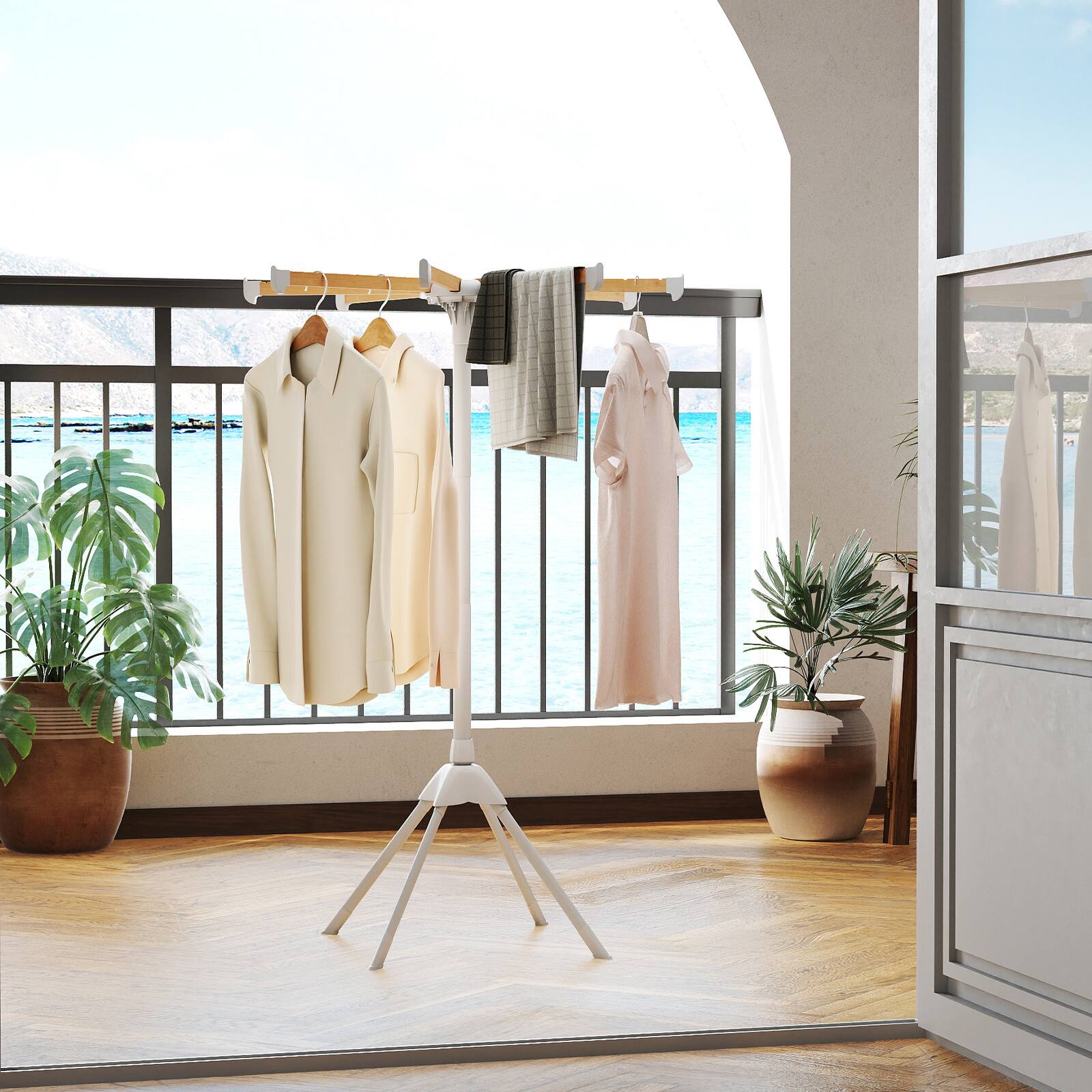 Alt View 3. Gymax - Gymax 4 Legs Clothes Drying Rack w/8 Bamboo Hanging Rods 40 Hanger Slots for Indoor - White.