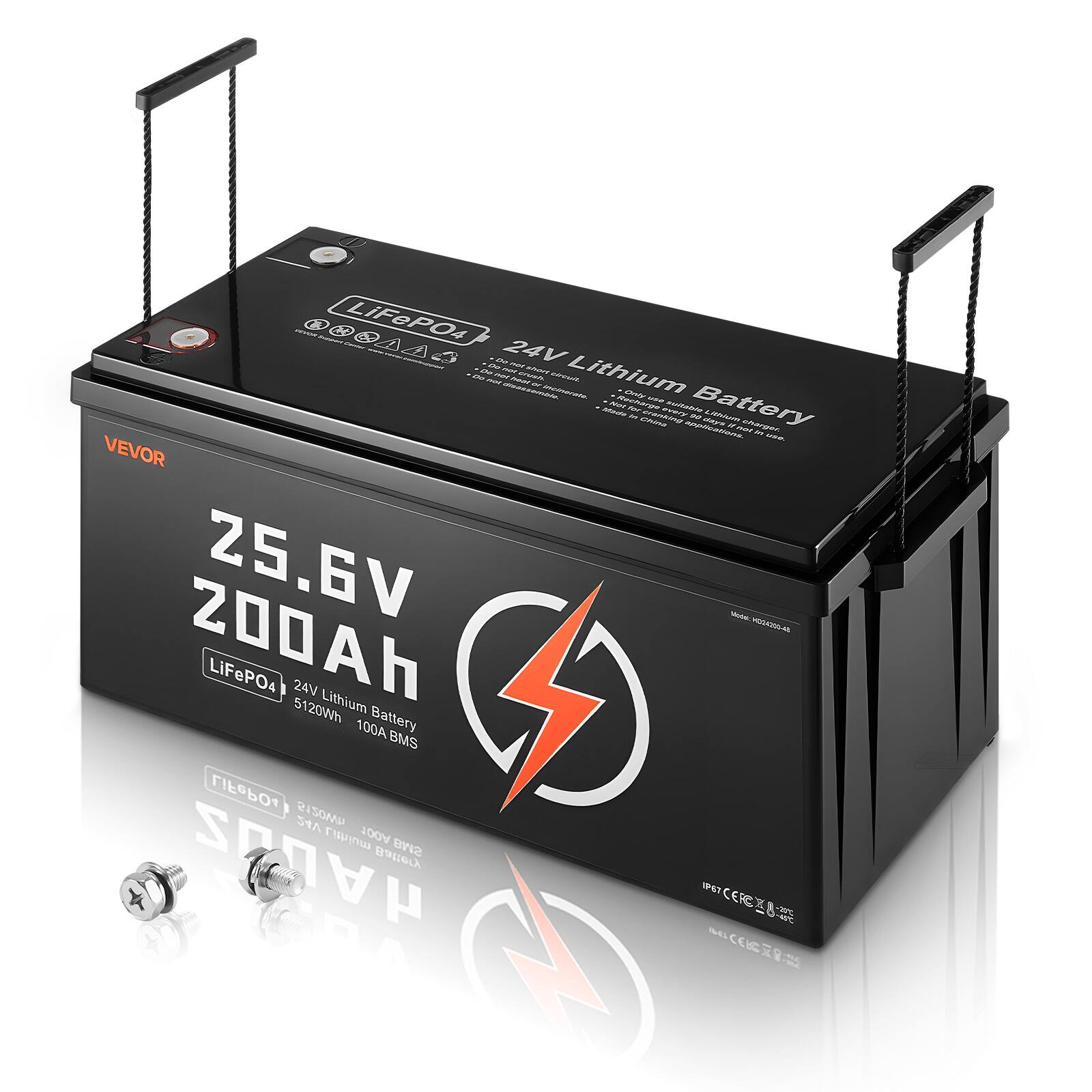 Sure, here is the corrected and grouped text from the image:

---

**LiFePO4 24V Lithium Battery**

- 25.6V
- 200Ah
- LiFePO4
- 5120Wh
- 100A BMS

**Features:**
- 24V Lithium Battery
- 200Ah
- 5120Wh
- 100A BMS

**Model:** H02220-200

**Certifications:**
- IP67
- CE
- RoHS

**Brand:** VEVO

**Additional Text:**
- LiFePO4
- 24V Lithium Battery
- 5120Wh
- 100A BMS

**Warnings and Symbols:**
- (Various warning symbols and text related to battery safety)

---

This text is organized based on the visible information on the battery.
