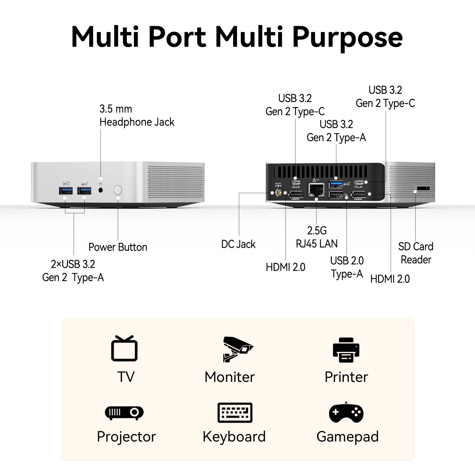 Multi Port Multi Purpose

- 3.5 mm Headphone Jack
- USB 3.2 Gen 2 Type-C
- USB 3.2 Gen 2 Type-A
- 2xUSB 3.2 Gen 2 Type-A
- Power Button
- 2.5G RJ45 LAN
- DC Jack
- HDMI 2.0 Type-A
- USB 2.0 Type-A
- SD Card Reader
- HDMI 2.0

Icons:
- TV
- Monitor
- Printer
- Projector
- Keyboard
- Gamepad