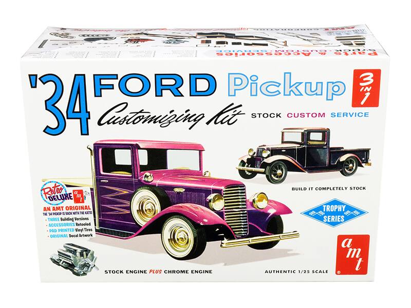 Sure, here is the corrected and grouped text from the image:

---

**'34 FORD Pickup Customizing Kit**

**3 IN 1**

**STOCK CUSTOM SERVICE**

**Retro Deluxe**

**AN AMT ORIGINAL**

- THE '34 PICKUP IS BACK WITH THREE BUILDING VERSIONS
- ACCESSORIES RETOOL
- PAD PRINTED VINYL TIRES
- ORIGINAL DECAL ARTWORK

**STOCK ENGINE PLUS CHROME ENGINE**

**BUILD IT COMPLETELY STOCK**

**TROPHY SERIES**

**AUTHENTIC 1/25 SCALE**

**AMT**

---

This text is organized to reflect the layout and information on the box.