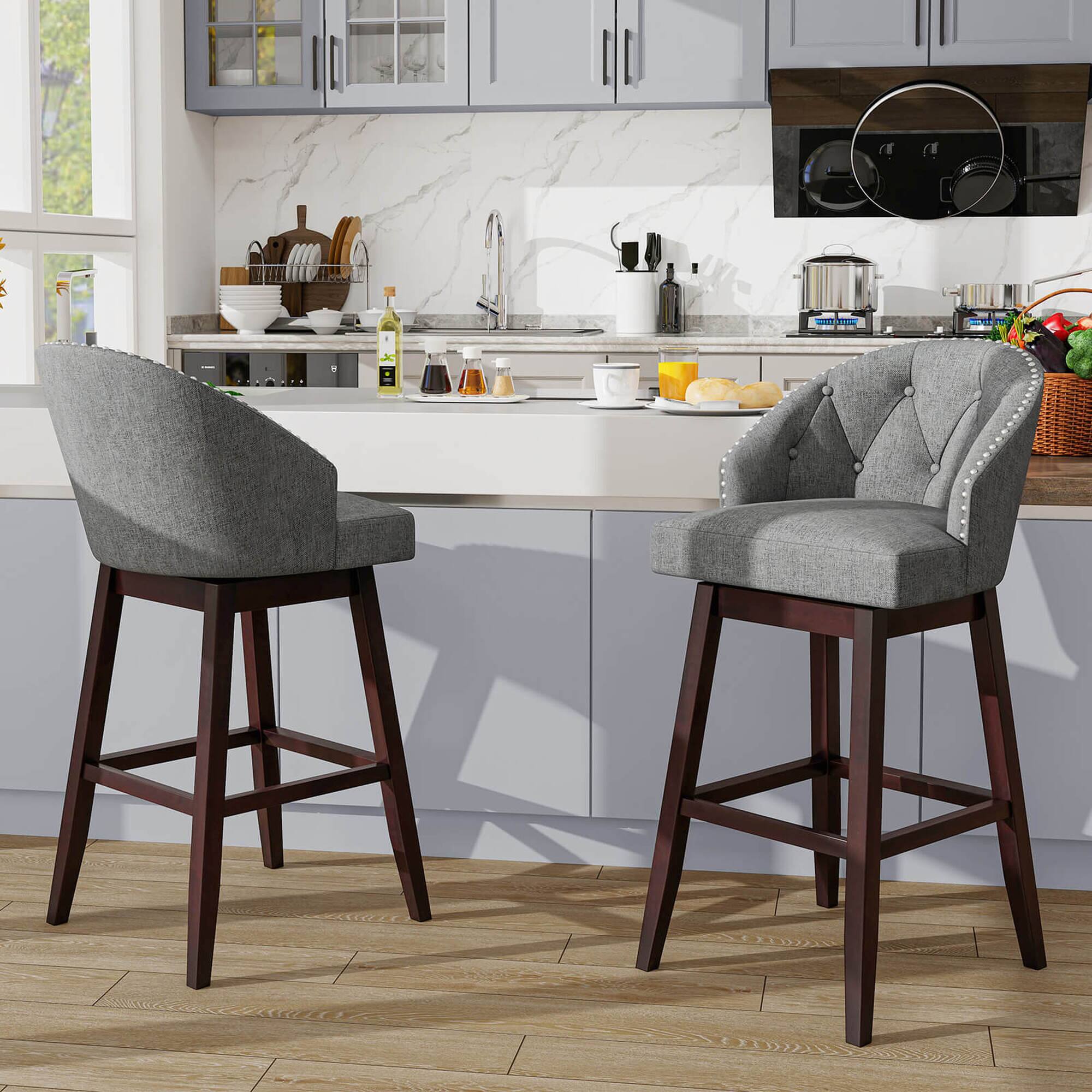Alt View 1. Costway - 31" Bar Stools Set of 2 with Rubber Wood Frame Swivel Seat Footrest & Rivet - Grey/Brown.