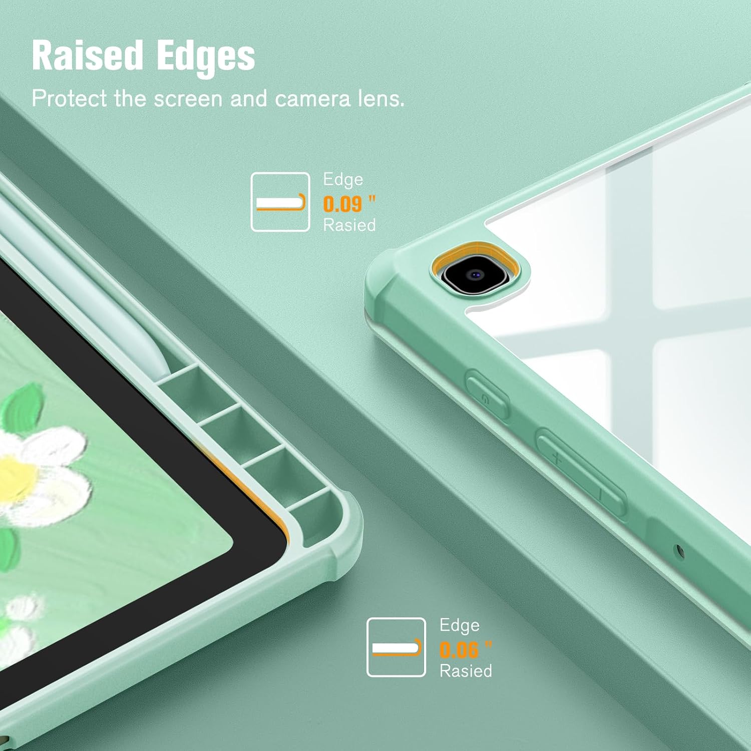 Raised Edges Protect the screen and camera lens.
Edge 0.09" Raised
Edge 0.06" Raised