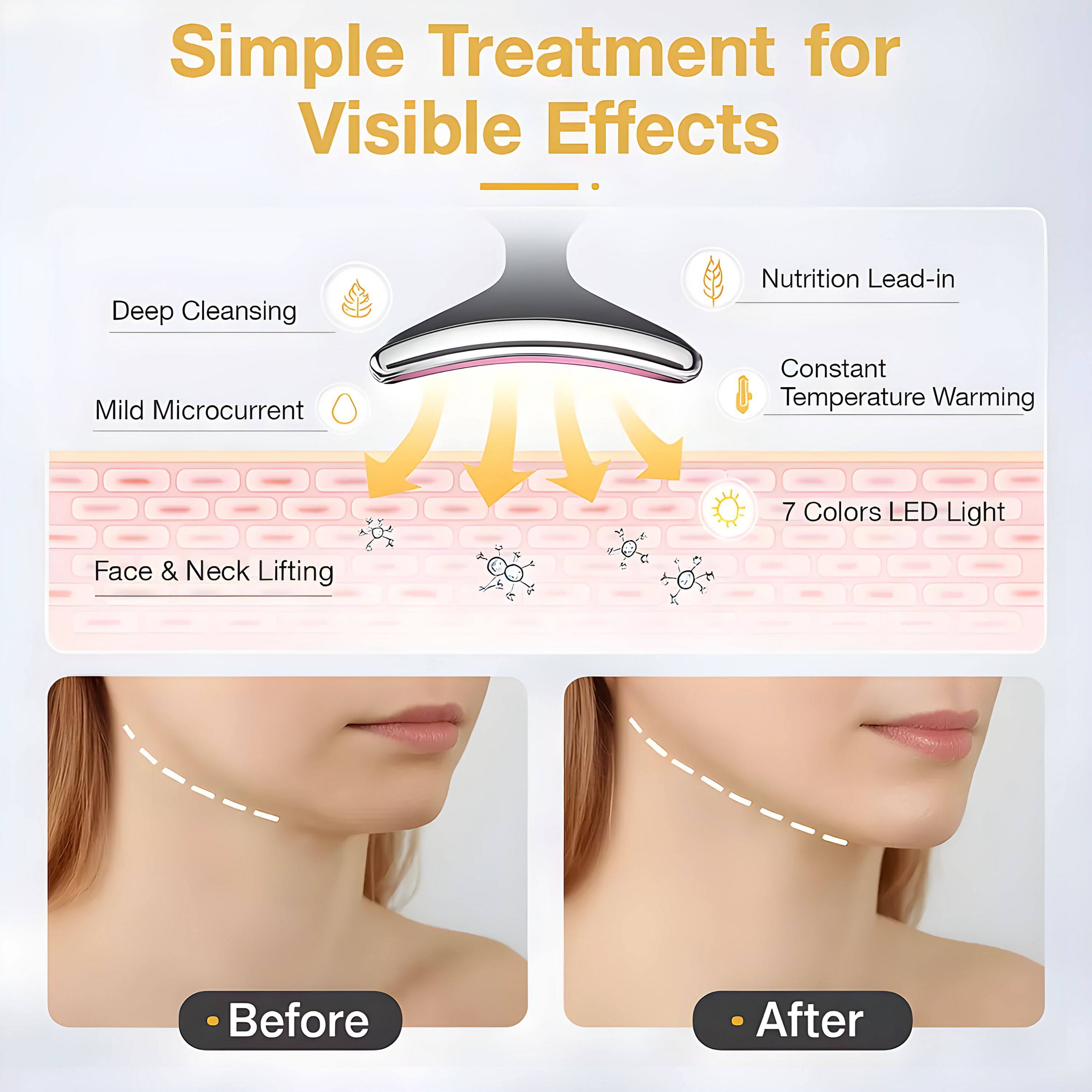 Simple Treatment for Visible Effects

- Deep Cleansing
- Mild Microcurrent
- Face & Neck Lifting
- Nutrition Lead-in
- Constant Temperature Warming
- 7 Colors LED Light

Before

After