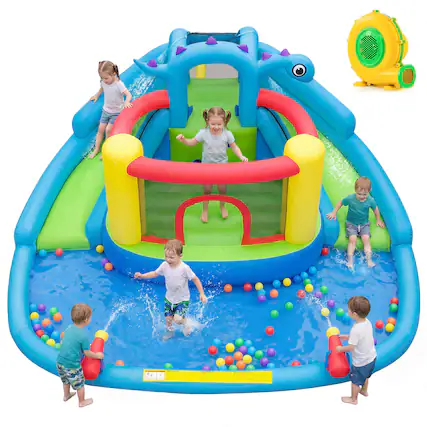 Front. Costway - Costway Inflatable Water Slide Park with Double Slides Jumping Area Splash Pool 950W Blower - Multi-colored.