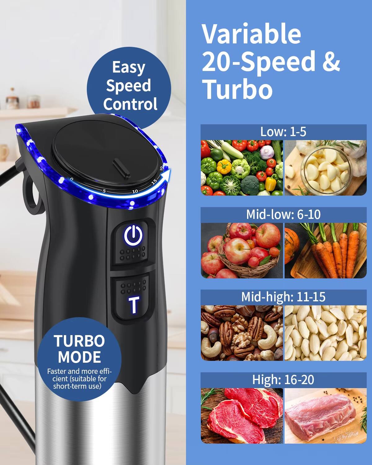 Variable 20-Speed & Turbo

Easy Speed Control

Low: 1-5

Mid-low: 6-10

Mid-high: 11-15

High: 16-20

TURBO MODE
Faster and more efficient (suitable for short-term use)