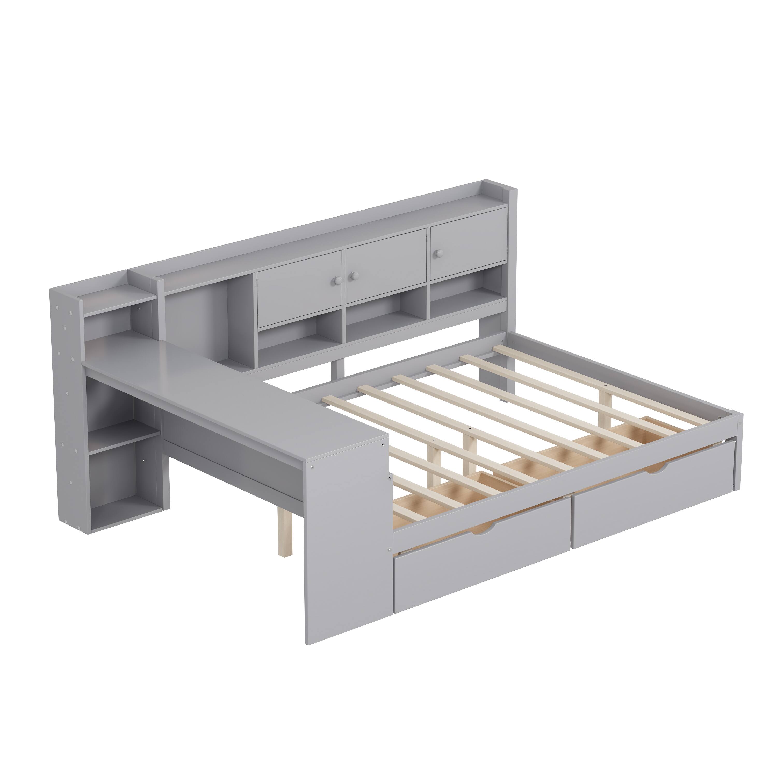 Alt View 7. Tiramisubest - Full Size Daybed with Cabinets and 2 Drawers,Multi-functional Daybed Frame with Study Desk and Built-in Bookshelf,Gray - Gray.